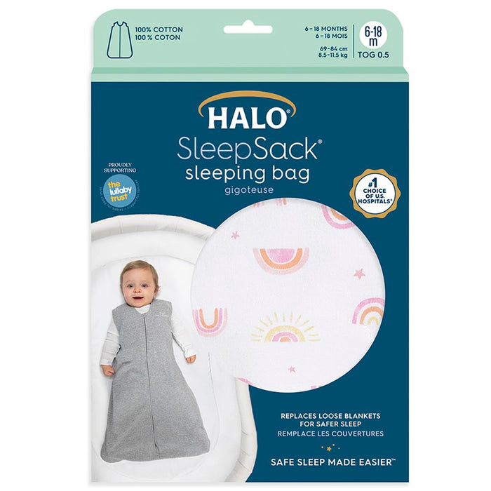 HALO SleepSack Sleeping Bag 0.5 TOG 100% Cotton Sunshine Rainbows