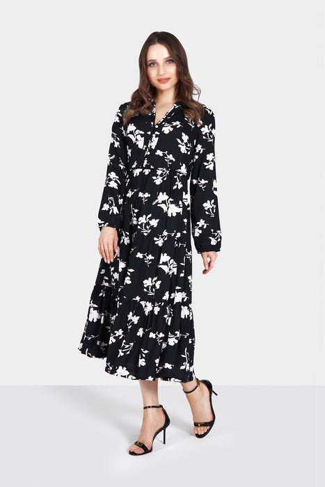 Black and White Long Sleeve Floral Printed Maxi Dress MC-10