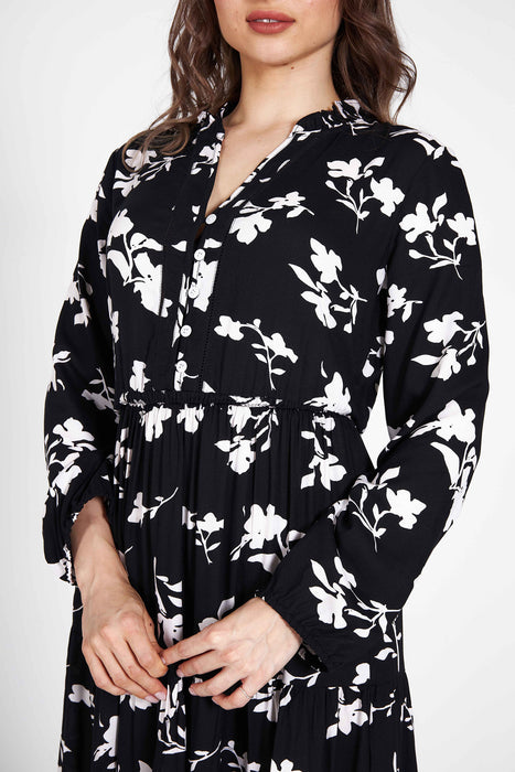 Black and White Long Sleeve Floral Printed Maxi Dress MC-10