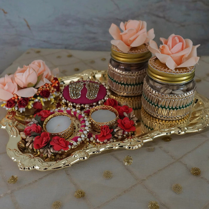 Gift Set of 2 Candles 2 Jars On a Gold Plated Silver Platter