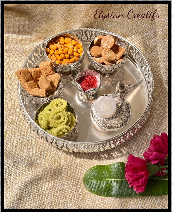 German Silver Tray With 4 Small Bowls 1 Small Kumkum Tray and 1 Candle Holder