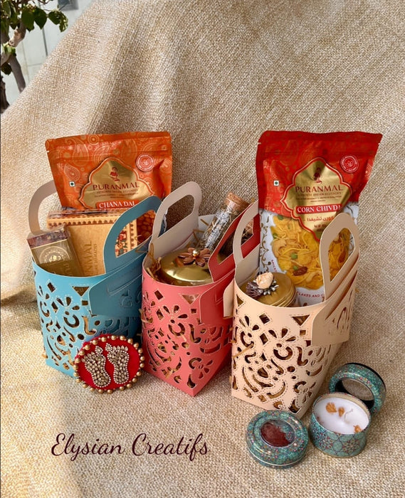 Foldable Paper Baskets Set Of 3 Colors For Diwali Gifting