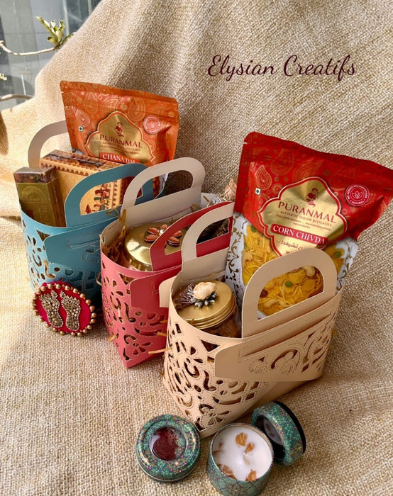 Foldable Paper Baskets Set Of 3 Colors For Diwali Gifting