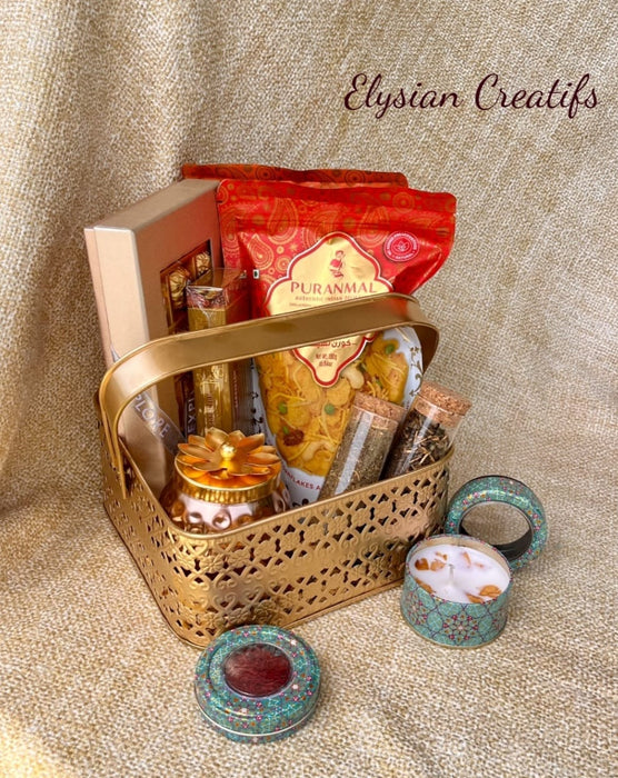 Basket containing 1 Dry Fruit Jar 2 Packets Of Snacks And 1 Diya