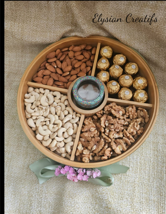 Assorted Wooden Round Dry Fruit Gifting Box With Dried Fruits And Wrapping With Net And Bow